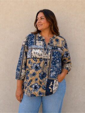 Unique Spectrum Patchwork Floral Button-Up Blouse in Blue and Tan